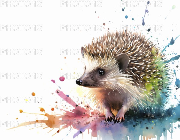 Animal and wildlife theme showing a hedgehog portrait in multicolored vibrant splashy ambiance. AI generated image with lots of paint splashes, splatter and spots