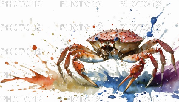 Animal and seafood theme showing a crab in multicolored vibrant splashy ambiance. AI generated image with lots of paint splashes, splatter and spots