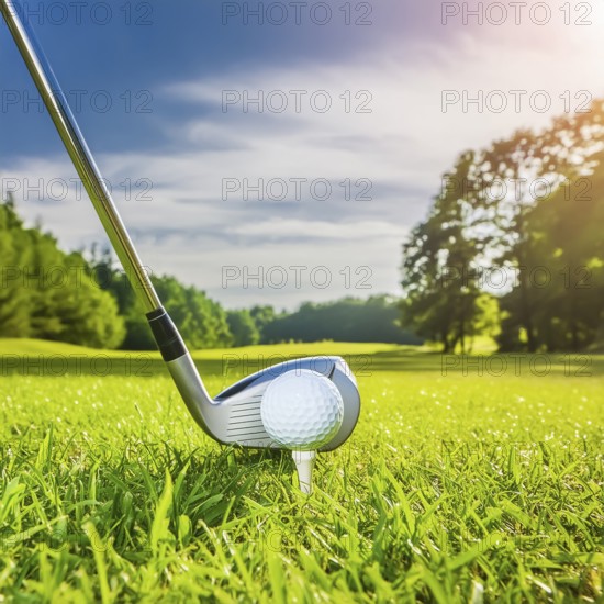 AI generated image showing a golf ball and golf club closeup on a course in sunny ambiance