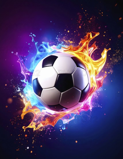 Football in flashy ambiance. AI illustration with light effects and fiery liquid splashes, AI generated
