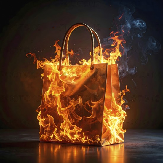 AI generated image showing a flaming shopping bag in dark ambiance