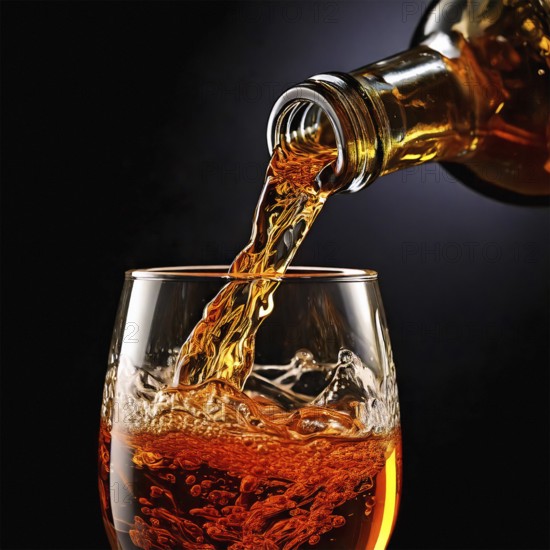 AI-generated close-up image showing a bottle from which a clear drink is poured into a glass, AI generated