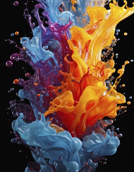 AI generated image showing vibrant splashing colors merging into each other in dark back