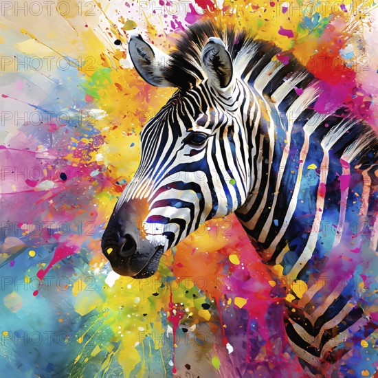 Wildlife and animal theme showing a zebra portrait in multicolored vibrant splashy ambiance. AI generated image with lots of paint splashes, splatter and spots