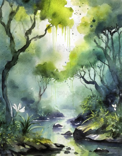 AI generated image showing a dense jungle scenery including a small river, watercolor style with splashes and spots