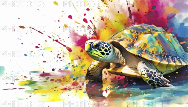Animal and wildlife theme showing a sea turtle in multicolored vibrant splashy ambiance. AI generated image with lots of paint splashes, splatter and spots