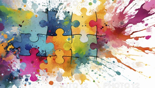 Matching theme showing puzzle pieces in multicolored vibrant splashy ambiance. AI generated image with lots of paint splashes, splatter and spots