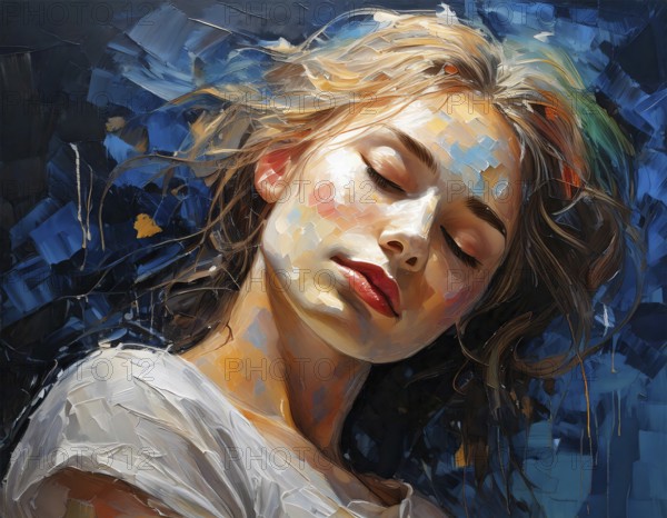 AI generated image showing the portrait of a painted young woman while dreaming with closed eyes