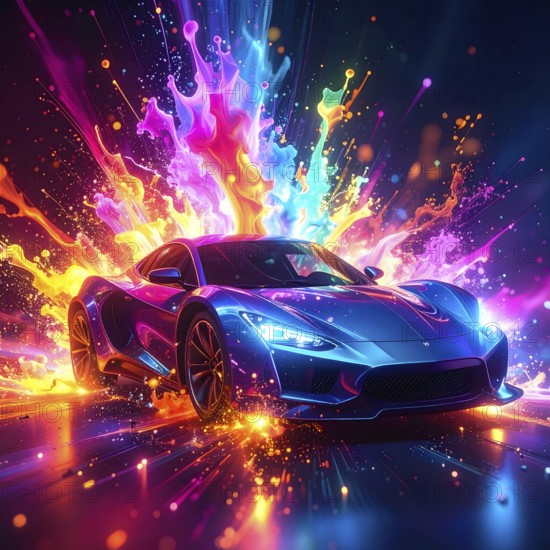 Flashy racing car in multicolored vibrant splashy ambiance. AI generated image with lots of fiery splashes, splatter and spots