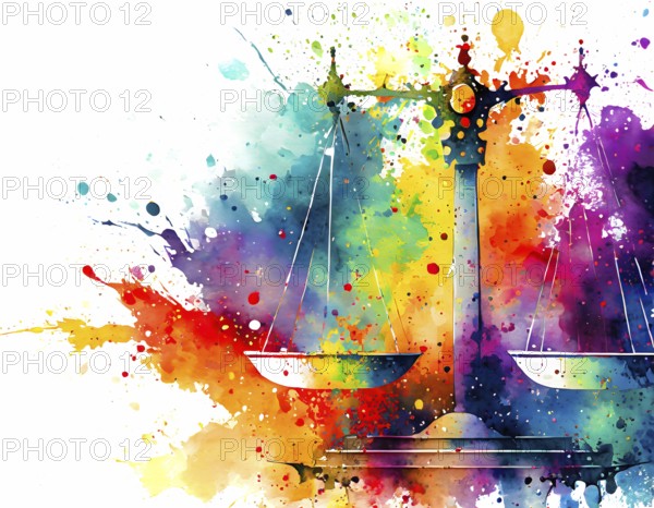 Justice and equity theme showing a weighing scale in multicolored vibrant splashy ambiance. AI generated image with lots of paint splashes, splatter and spots