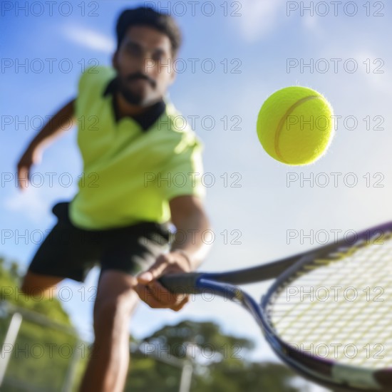 AI generated image showing a flying tennis ball closeup and player in court ambiance