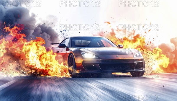 Ai generated image showing a driving sports car surrounded by fire and smoke in smoky ambiance