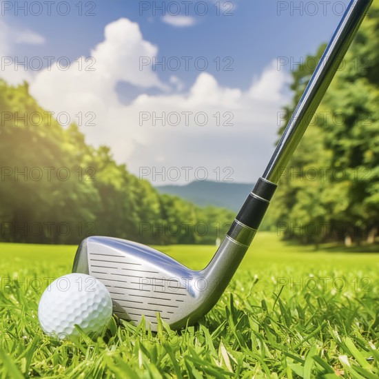 AI generated image showing a golf ball and golf club closeup on a course in sunny ambiance
