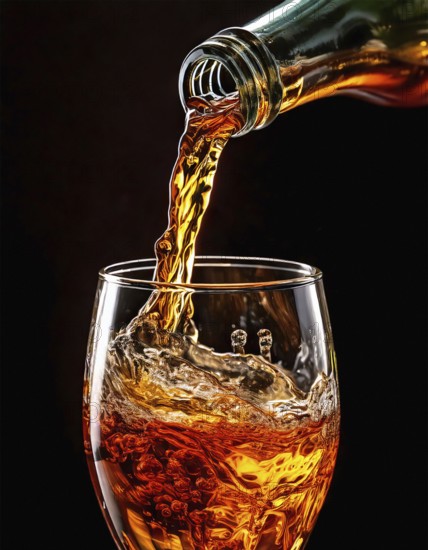 AI-generated close-up image showing a bottle from which a clear drink is poured into a glass, AI generated