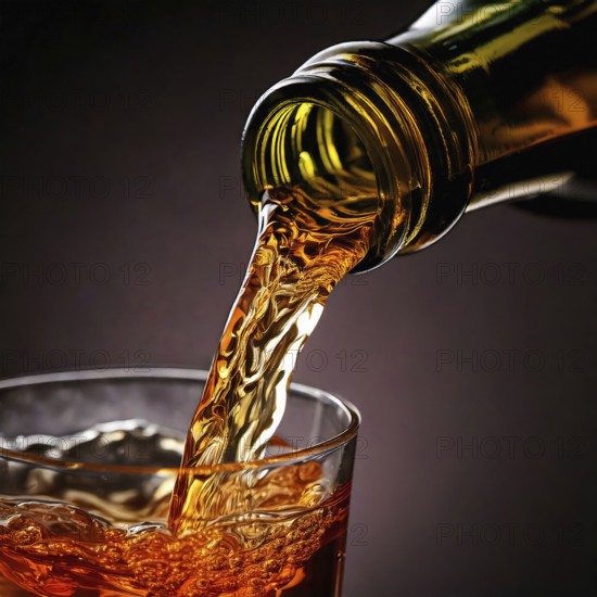 AI-generated close-up image showing a bottle from which a clear drink is poured into a glass, AI generated