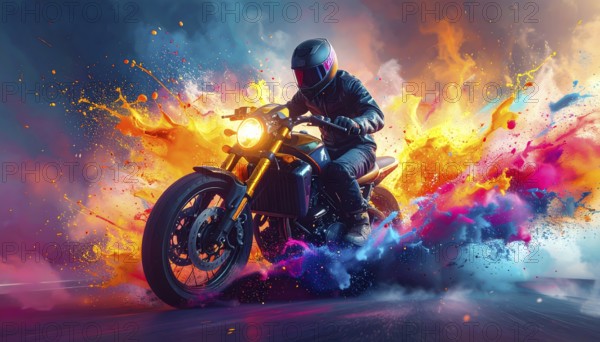 Ai generated image showing a driving motorcyclist on the road. AI illustration with light effects and colorful fiery liquid splashes