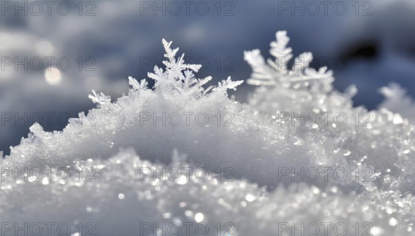 AI generated closeup image showing snow crystals in sunny ambiance