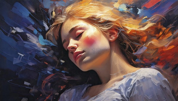 AI generated image showing the portrait of a painted young woman while dreaming with closed eyes