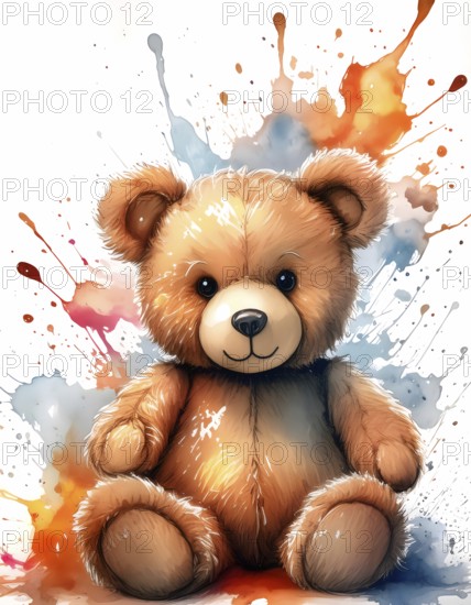 Toy and childhood theme showing a cute brown Teddy bear sitting in multicolored vibrant splashy ambiance. AI generated image with lots of paint splashes, splatter and spots