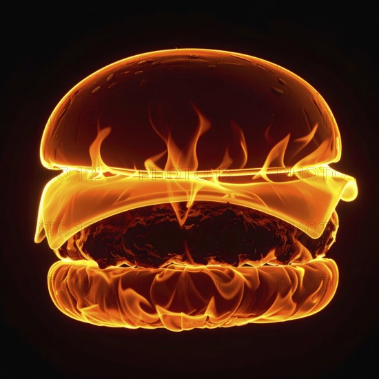 AI generated image showing a hot flaming burger in dark ambiance