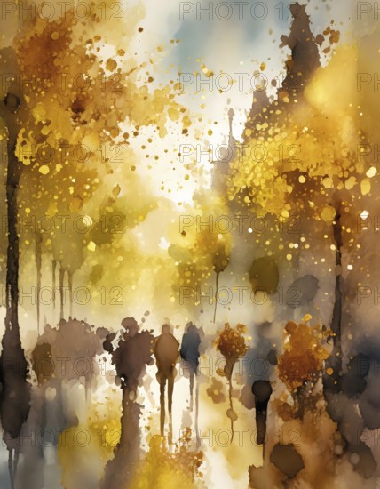 AI generated urban theme showing a street autumn scenery with lots of people in multicolored vibrant watercolor ambiance