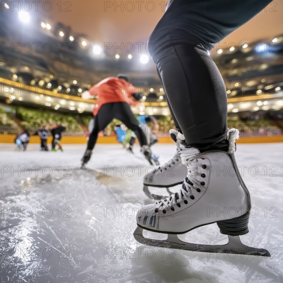AI generated image showing legs with ice skates in an ice pavilion ambiance