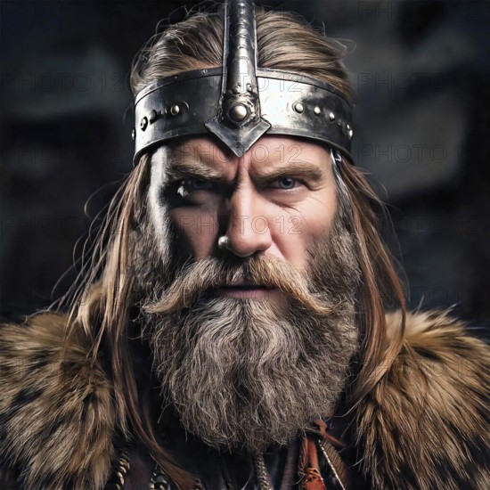 AI generated image showing the portrait of a viking in dark ambiance