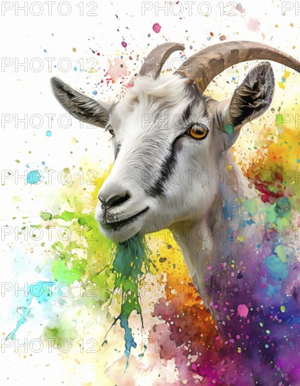 Animal and farming theme showing a goat portrait in multicolored vibrant splashy ambiance. AI generated image with lots of paint splashes, splatter and spots