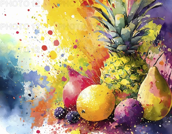 Food theme showing various fruits in multicolored vibrant splashy ambiance. AI generated image with lots of paint splashes, splatter and spots
