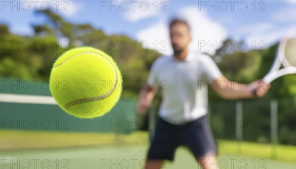 AI generated image showing a flying tennis ball closeup and player in court ambiance
