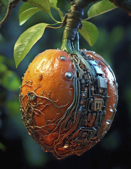 AI generated image showing a strange technological fruit on a twig in dark ambiance