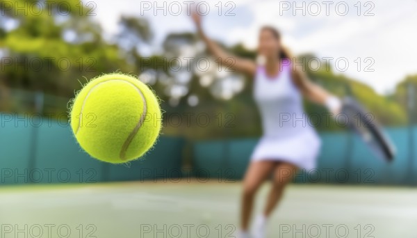 AI generated image showing a flying tennis ball closeup and female player in court ambiance