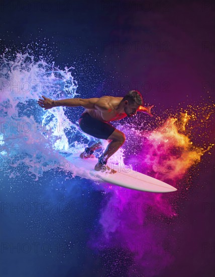 Surfing theme showing a surfer in multicolored vibrant splashy ambiance. AI generated image with lots of splashes, splatter and spots