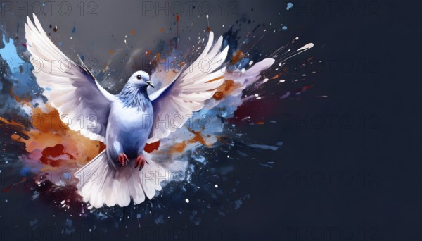 Animal, birds and wildlife theme showing a flying dove in multicolored vibrant splashy ambiance. AI generated image with lots of paint splashes, splatter and spots