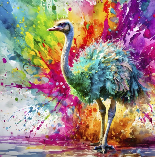 Animal and wildlife theme showing an ostrich in multicolored vibrant splashy ambiance. AI generated image with lots of paint splashes, splatter and spots