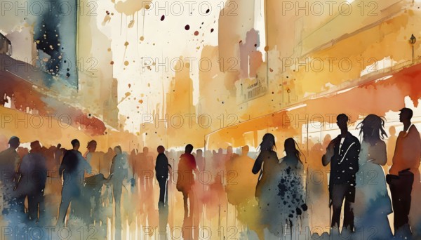 AI generated image showing a bright illuminated downtown party, watercolor style with splashes and spots