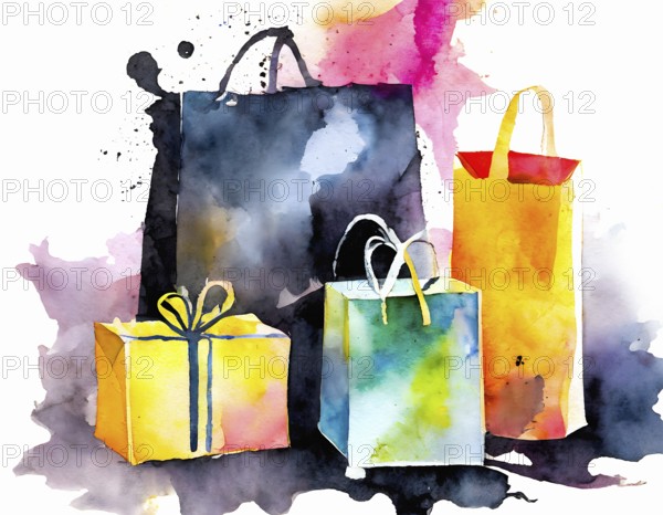 AI generated image showing some colorful presents and bags, watercolor style with splashes and spots
