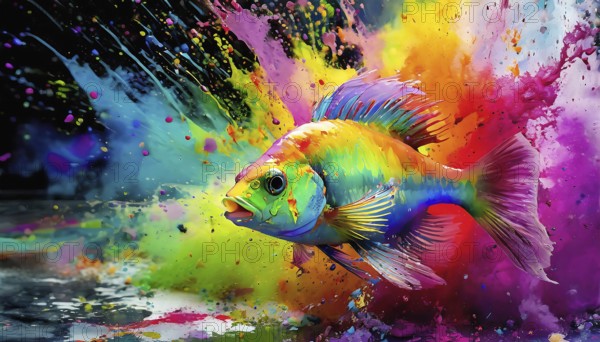 Wildlife and animal theme showing a tropical fish in multicolored vibrant splashy ambiance. AI generated image with lots of paint splashes, splatter and spots