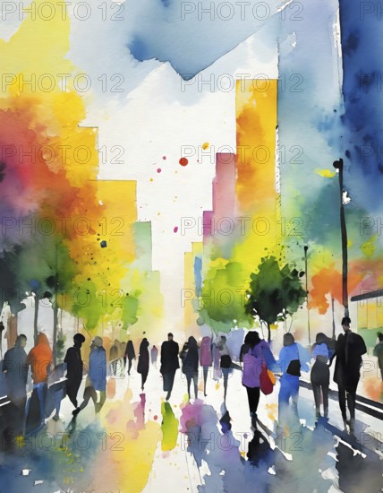 AI generated lifestyle theme showing an urban street scenery with lots of people in multicolored vibrant watercolor ambiance