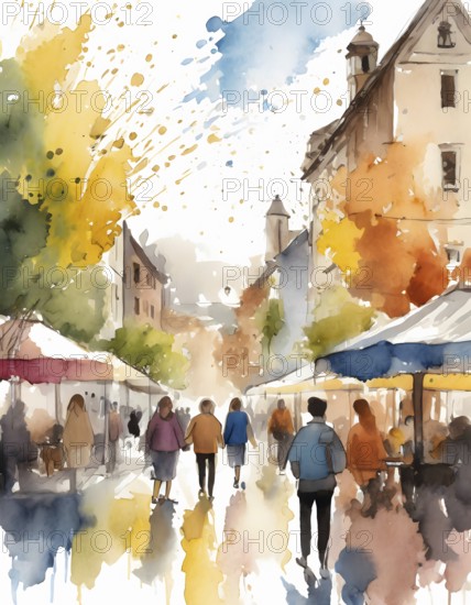 AI generated lifestyle theme showing a urban street market scenery with lots of people in multicolored vibrant watercolor ambiance