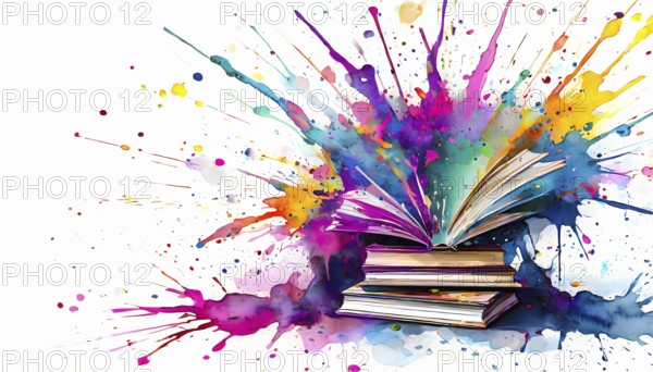 Books and reading theme showing some books in multicolored vibrant splashy ambiance. AI generated image with lots of paint splashes, splatter and spots
