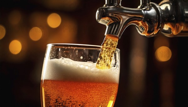 AI generated closeup image showing a beer tap while pouring beer in a glass