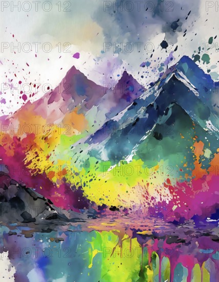 Nature and traveling theme showing a mountain range in multicolored vibrant splashy ambiance. AI generated image with lots of paint splashes, splatter and spots