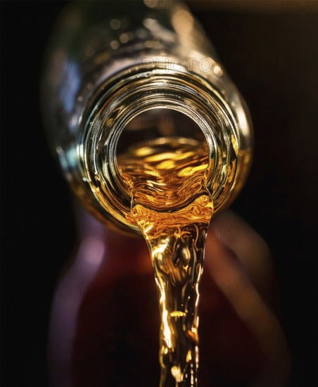 AI-generated close-up image showing a bottle as a clear drink is poured from it, AI generated