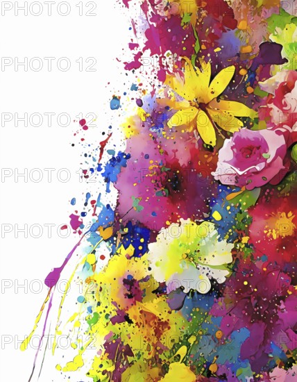 Floral beauty and vegetation theme showing lots of various flowers in multicolored vibrant splashy ambiance. AI generated image with lots of paint splashes, splatter and spots