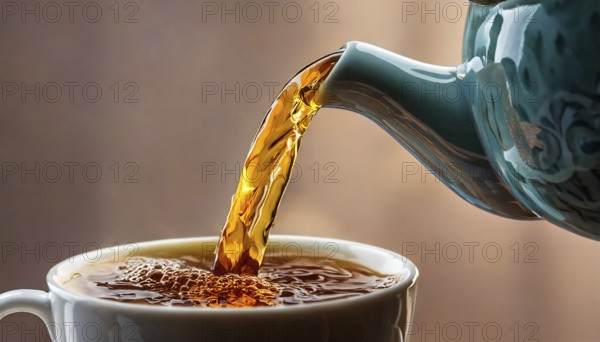 AI-generated close-up image showing a teapot from which tea is poured into a cup, AI generated