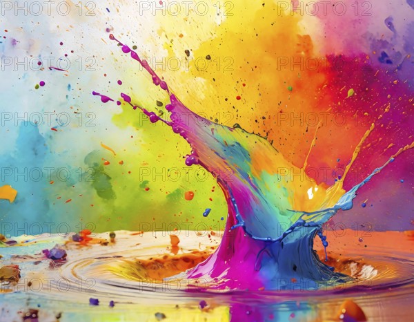 Fluid and liquid theme showing fluid formations in multicolored vibrant splashy ambiance. AI generated image with lots of paint splashes, splatter and spots