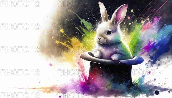 Magic theme showing a bunny in a top hat in multicolored vibrant splashy ambiance. AI generated image with lots of paint splashes, splatter and spots