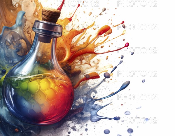 Medical, strength and power theme showing flask with elixir a in multicolored vibrant splashy ambiance. AI generated image with lots of paint splashes, splatter and spots