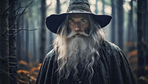 AI generated image showing the portrait of an old magician in forest ambiance